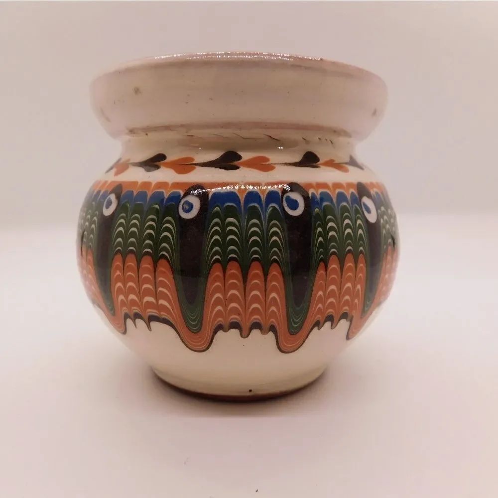 Peacock eye drip redware vase